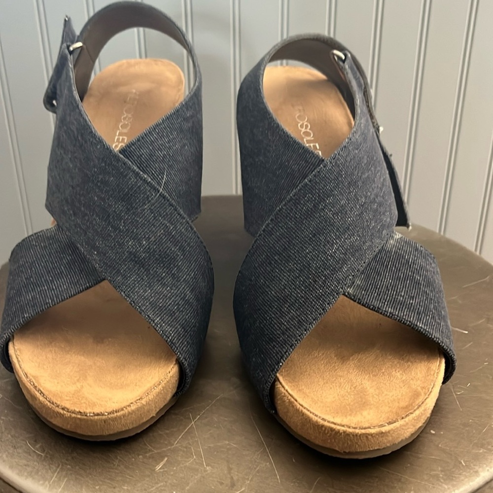 Barely worn wedge with denim straps